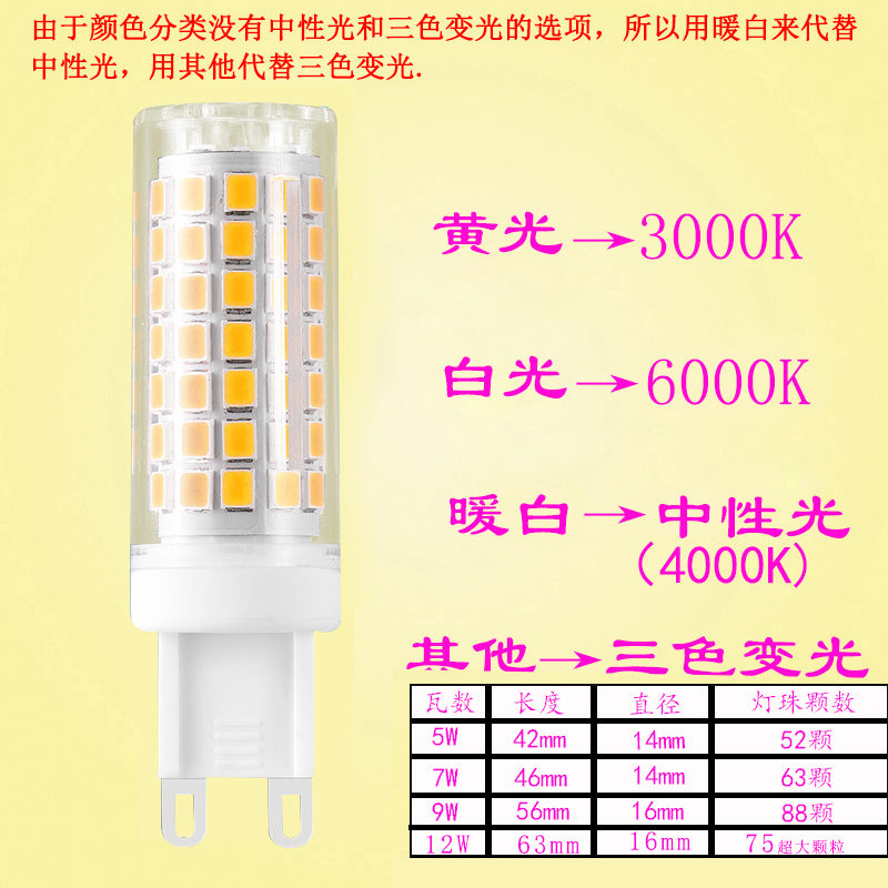 led灯珠超高亮g9插脚灯泡220V中性光三色变光9w12w光源无频闪插泡