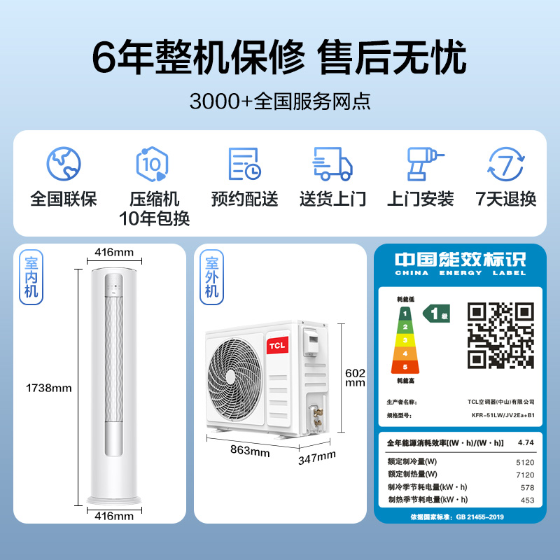 TCL空调大2匹一级新能效变频冷暖低噪音柔风家用客厅落地立式柜机