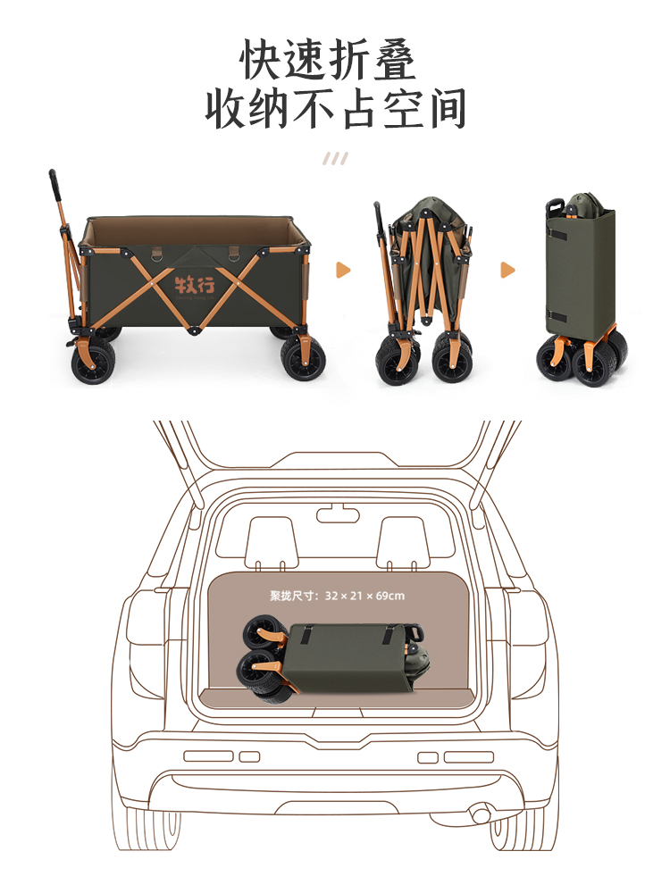 牧行露营推车大号折叠营地车户外野餐桌板手拉拖车儿童可躺小推车